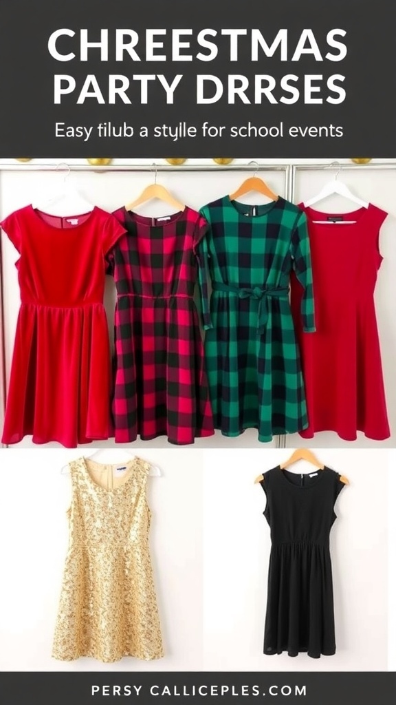 A selection of festive dresses for Christmas parties, including red, green, gold, and black options, displayed with holiday decorations.